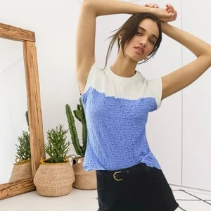 ANTHROPOLOGIE Maeve Damen XS gesmoktes Muskel Flügelärmel Oberteil blau weiß - Bild 1 von 13