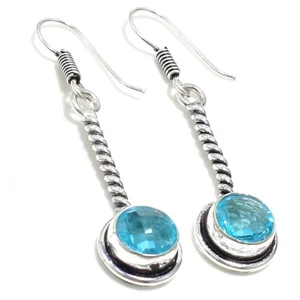 Aqua Aquamarine Gemstone 925 Sterling Silver Jewelry Earrings Size 1.75" - Picture 1 of 1
