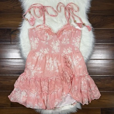 NUEVO Mini Vestido LoveShackFancy Talla Grande Rosa Olani Calado Volantes Ojales Foto 1 de 4