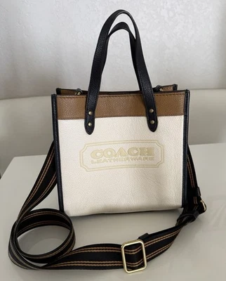 COACH FIELD TOTE 22 COLOR BLOCK  CHALK BLACK TAN PEBBLED LEATHER BRASS - Image 1 of 4