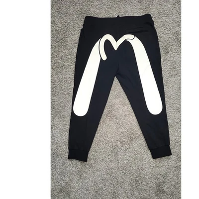 Evisu Mens Black Joggers Pants Logo Print Casual Lounge Wear - Image 1 of 3