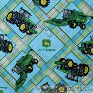 BonEful Fabric FQ Cotton Quilt Blue Green Bab Plaid JD Farm Tractor Block Print - Picture 1 of 6