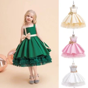 Wedding Flower Girl's Bridesmaid Sleeveless Lace Cute Bow Waist Evening Dress - Picture 1 of 21