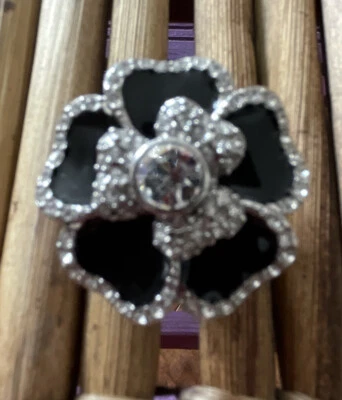 Lia Sophia Ring Blooming Flower Silver Black Enamel Rhinestone NWOT Dahlia $82rt - Image 1 of 4