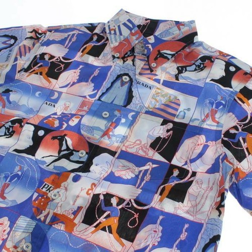 PRADA S/S 2018 Chemise Camp Collar imprimé viscose taille moyenne motif bande dessinée graphique