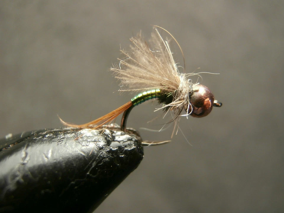 RIOYLAGOMOSCAS 3 NINFAS VERDE Y CDC CABEZA DE TUNGSTENO PARA PESCA A MOSCA-TUNG 12