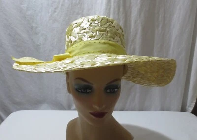 Vtg 1940's Wide Brim Sun Hat Woven Raffia Straw Yellow With tag - Image 1 of 4