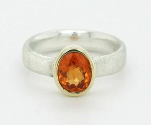 Mandaringranat Ring - 925er Silber-Ring mit Spessartin in Goldfassung  Gr. 57 - Bild 1 von 3