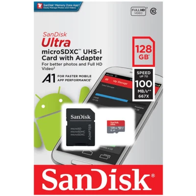 kQ SanDisk microSDXC 128 GB Ultra 100 MB/s Speicherkarte SDSQUAR-128G-GN6MA - Bild 1 von 3