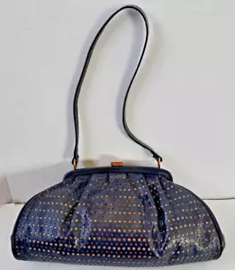 Stuart Weitzman Vintage gold & marineblau gepunktet strukturiertes Leder Schulter Handtasche - Bild 1 von 16