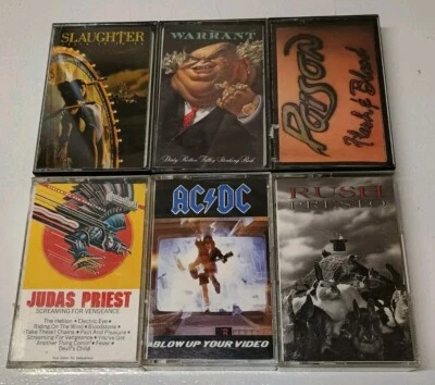 (6) Rock Hairbands Cassette Tapes AC/DC WARRANT RUSH POISON PRIEST SLAUGHTER  - Image 1 of 4