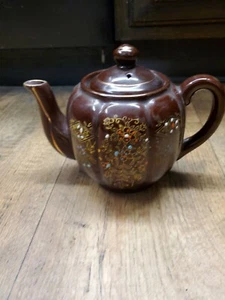 Vintage TEA POT Ceramic  Brown Hand-Painted  Made In Japan 6" Tall With Lid - Picture 1 of 9