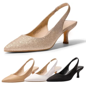 Women Closed Toe Kitten Heels Pointed Toe Slingback Dress Wedding Pump Shoes - Picture 1 of 14