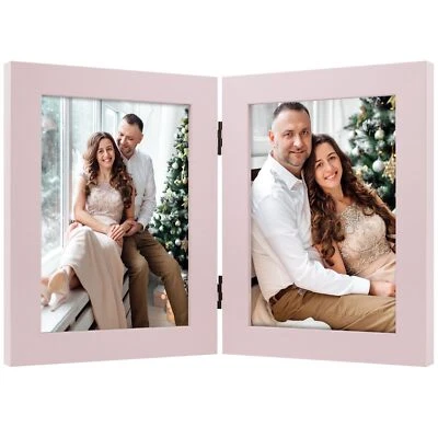 Marco de fotos doble 5x7 con bisagras 2 fotos collage marco de escritorio vidrio rosa Foto 1 de 4