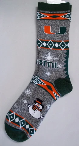 Miami Hurricanes Socks Medium Size 5 to 10 Holiday Christmas Snowman Cover