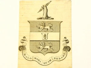 18thC malo mori quam foedari PAYNE Family Livery + Coat of Arms Bookplate #BP39 - Picture 1 of 3