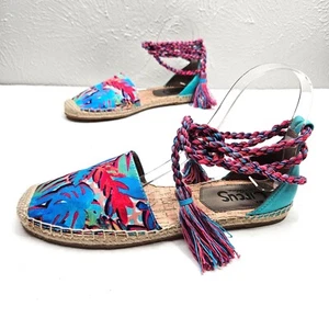 Circus by Sam Edelman Espadrille Shoes Size 9.5 Blue Floral Ankle Wrap Tie Flats - Picture 1 of 12