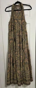 Boemo Dress Women’s L Satin Paisley Tiered Maxi High Ruffle Neck Tassel NWT - Picture 1 of 16