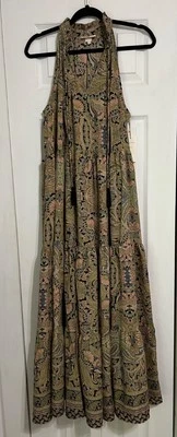 Boemo Dress Women’s L Satin Paisley Tiered Maxi High Ruffle Neck Tassel NWT - Image 1 of 4
