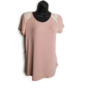 Loveappella Striped Tee Small Red White Lace Shoulder Detail Nautical Coastal - Picture 1 of 7