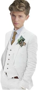 Linen Boy Suits 3 Pieces Summer Formal Wear Wedding Suit Party Jacket Pants Vest - Picture 1 of 25