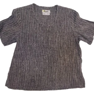 Flax Top M Womens Petite Medium Black 100% Linen Short Sleeve Relaxed Tweed - Picture 1 of 6