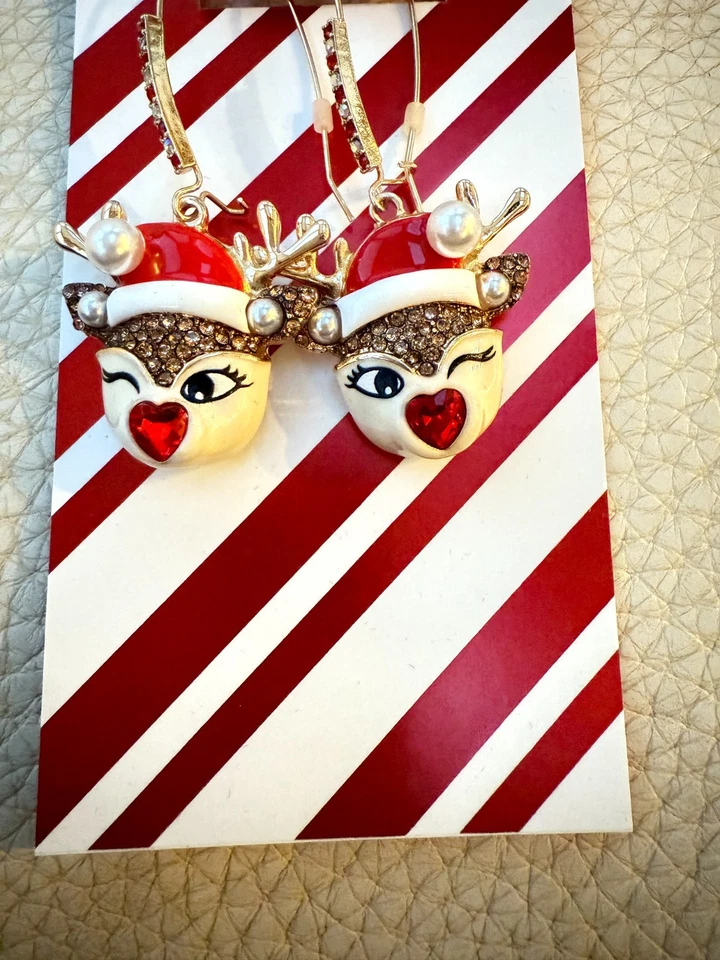 NWT BETSEY JOHNSON WINKING REINDEER EARRINGS HOLIDAY CHRISTMAS - Image 1 of 4