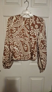Joie Womens Cropped Long Sleeve Blouse Sz Petite S Brown Floral Keyhole NWT - Picture 1 of 3