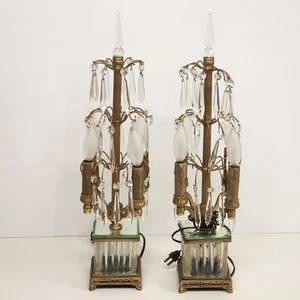 2 Gilt Brass Candelabra Table Lamps Antique Drop Crystal Prisms 4 Candle Lights - Picture 1 of 13
