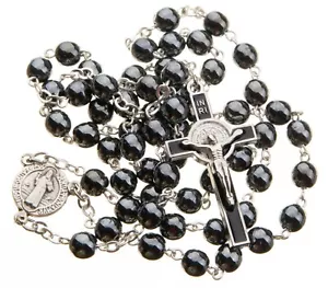 St Benedict Rosary Black Round Glass 7mm Beads 18" Rosario San Benito Men Women - Picture 1 of 5