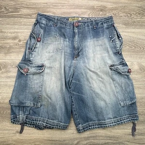 Akademiks Shorts Mens 38 Blue Fade Cargo Denim Wide Leg Baggy Skater Hip Hop Y2K - Picture 1 of 15