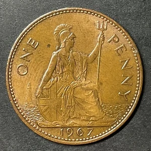 1967 Great Britain Large One Penny Bronze Queen Elizabeth II World Foreign Coin - Bild 1 von 2