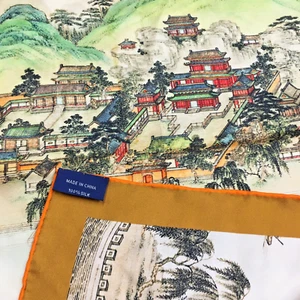Asian Silk Scarf Chinese Traditional Landscape Painting Art 35x35 Square Wrap - Picture 1 of 3