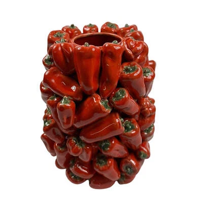 Handgefertigte, stylische rote Blumen Vase Steingut mit naturgetreuen PEPERONIS - Bild 1 von 4