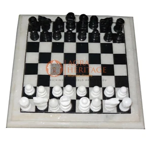 12" Marble Handmade Top Chess Table Black & White Stone Art Christmas Eve Gift - Picture 1 of 8