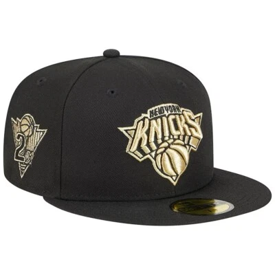 Chapéu New Era New York Knicks preto 5950 logotipo dourado e remendo lateral dourado tamanho 7 3/8 - Imagem 1 de 4