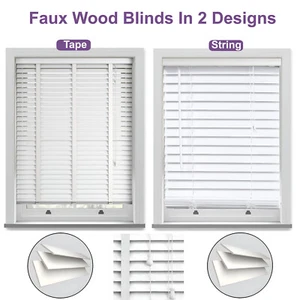 Faux Wood Wooden Window blinds 50mm slats with Tape/String Venetian Blind White - Picture 1 of 14