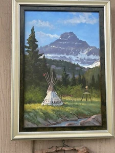 NATIVE AMERICAN SETTLEMENT OIL PAINTING CANVAS BY WELL LISTED ARTIST MARK OGLE - Picture 1 of 18