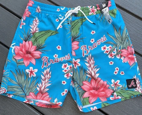 Atlanta Braves  Hurley 47 Brand  Aloha Hawaiian Swim Trunks in Blue Medium Cover