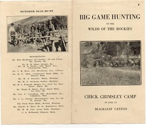 Folleto 1928 "Caza de caza mayor en las Montañas Rocosas" Chick Grimsly Camp Pendroy MT - Imagen 1 de 2