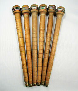 Lot 6 Vintage Antique Wood Wooden 10" Brass Tipped Quill Bobbins Sewing Textile
