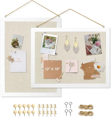 2-Pack Double-Sided Cork Board with Linen, 16" X 12" Hanging Wood Framed Bulleti - Image 1 of 4