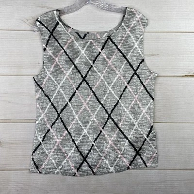Винтажный повседневный угловой топ XL серый бриллиант полоски эластичной гофрированный бак без рукавов - Изображение 1 из 4