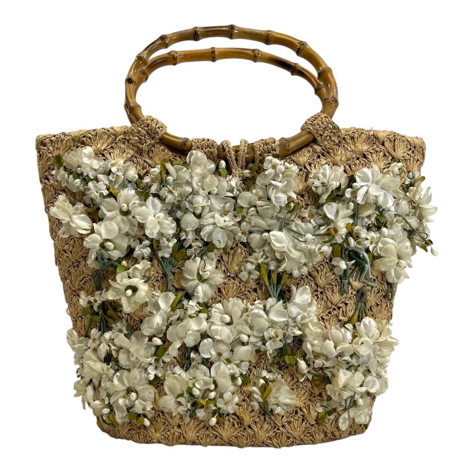 Bolsa tote vintage 50s 60s RITTER tecido juta aplique floral pérola falsa - Imagem 1 de 4