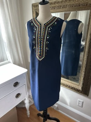 Vestido Tory Burch 8 Sophia Bordado Cuentas Azul Azteca Sin Mangas Lujo Foto 1 de 4