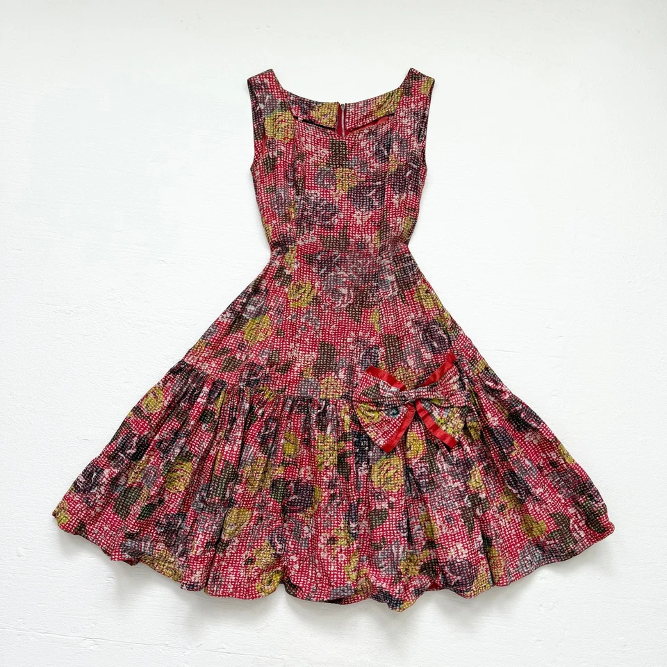 Vintage 50s Handmade Floral Fit & Flare Dress Bow Front, Size XXS - Image 1 of 4