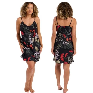 Black Tropical Floral Bloom Sexy Satin Chemise Nightie Short Slip Size 24 26 - Picture 1 of 1