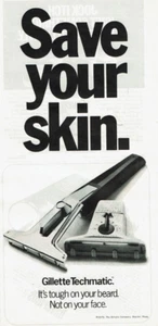 1972 Vintage Print Ad Save Your Skin Gillette Techmatic Razor Tough Beard Face - Picture 1 of 2