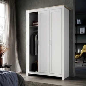 3 Doors Wood Wardrobe with Shelves Zoned Storage White Bedroom Storage Cabinet - Picture 1 of 16