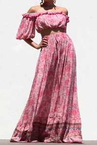 Boho Gypsy Pink Ruffle Off Shoulder Crop Top Flared Maxi Skirt Outfit 2 Pc Set S - Picture 1 of 6